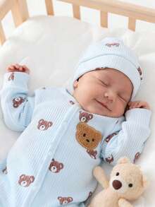 Newborn Beige Bear Pattern Long Sleeve Jumpsuit With Hat Set - Baby Blue - View 8