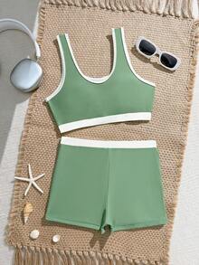 Tween Girls' Summer Beach Vacation Style Letter & Number Print Contrast Binding Tankini Swimsuit Set - Army Green - View 4