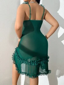 SHEIN Napfluff CURVE Áo ngủ cỡ lớn ren xếp nếp và trang trí hoa ngọc trai - Màu xanh lá cây đậm - Xem 2