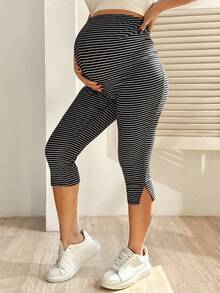 Maternity Casual Striped High Waist Leggings, Spring/Summer - Black and White - View 5