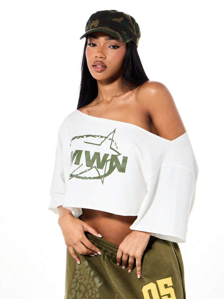 SUMWON WOMEN Off Shoulder Top With Logo Print
