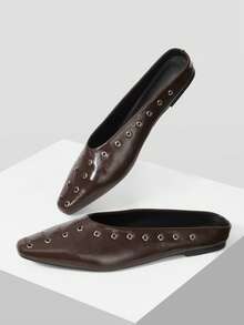 Mnmlis 女士复古英伦风穆勒鞋，春夏新款时尚百搭休闲黑色平底一脚蹬鞋，适合圣诞节户外穿着 - 咖啡棕 - 查看 8