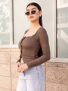 Andrea Bello Women's Y2k Minimalist Casual And Cute Vintage American Style Square-Neck Solid-Color Long-Sleeved Fashionable Blouse, Spring/Summer, Suitable For Daily Campus Hot Girl Outfits, And Home Casual Wear T-Shirt - Army Green - View 4