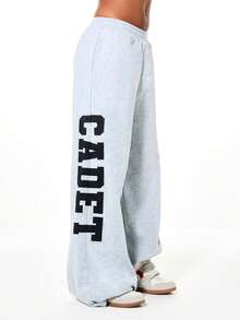 SUMWON WOMEN Quần jogger ống rộng dáng rộng SUMWON dành cho nữ, in chữ đính đá, kiểu dáng thoải mái, cạp chun co giãn, thích hợp mặc ở nhà. - Xám - Xem 1