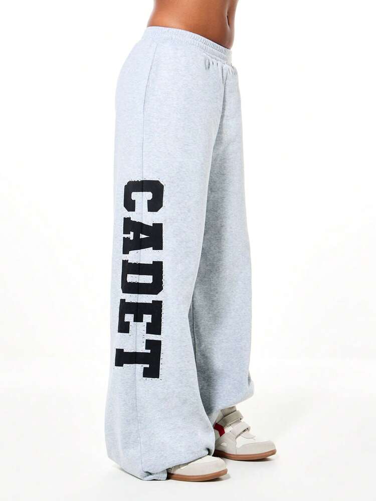 SUMWON WOMEN Oversized Wide Leg Sweatpants With Rhinestone Graphics