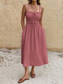 SHEIN Frenchy 女士纯色吊带无袖系腰带口袋中长连衣裙 - 藕粉色 - 查看 3