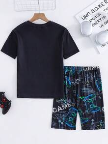 SHEIN 青少年男童贴身夜光游戏手柄图案T恤和短裤两件套睡衣，柔软舒适，夜视荧光图案 - 彩色 - 查看 2