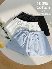 GlowEve 3件套女士休闲纯色弹力腰抽绳宽松短裤套装，适合日常穿着，棉质短裤，夏季短裤，女士家居服短裤，舒适短裤 - 彩色 - 查看 4
