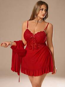 SHEIN Privé Plus Size Women Red Lace Patchwork Cami Nightgown And Long Mesh Robe Set, With Waist Cinching Fishbone Design Valentine Outfits For Women Spring Valentine's Day Dress Sets For Sexy Women - Red - View 4