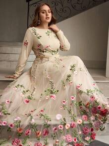 ZEYLAH Plus Size Women's Romantic Date Night Long Sleeve Embroidered Dress - Apricot - View 7