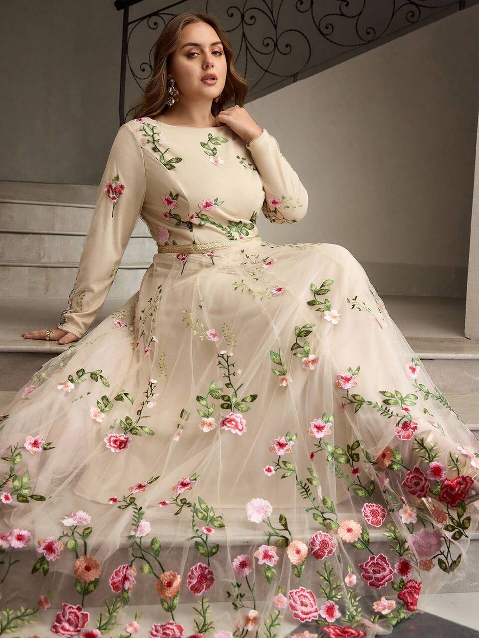 ZEYLAH Plus Size Women's Romantic Date Night Long Sleeve Embroidered Dress