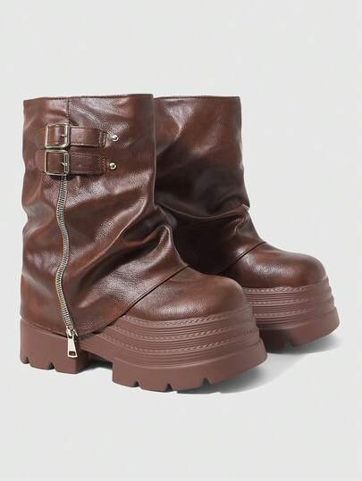 ROMWE Grunge Punk Damstövlar i mörk rock-punk-stil med goth-motiv, ankelstövlar med spetsiga tår, ridstövlar med kilklack och tjock sula, spänne och rem, ankelstövlar och korta stövlar