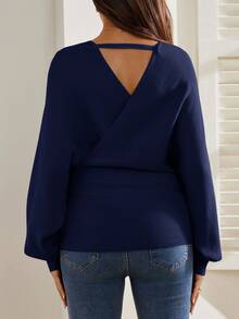 SHEIN Maternity Colorblock Heart Print V-Neck Long Sleeve Sweater - Navy Blue - View 2