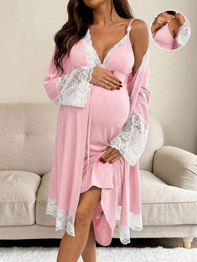 SHEIN Set de bata y vestido de tirantes de maternidad con encaje en contraste