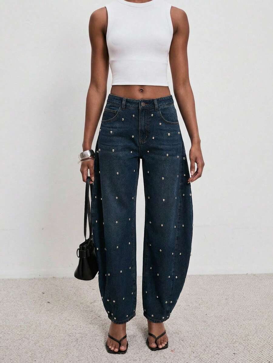 ATUI Studio 女士宽松休闲珍珠装饰牛仔裤 - 藍色 - 查看 1