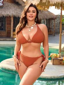 Swim Vcay New Textured Comfortable Elegant Sexy Plus Size Bikini Top For Beach Vacation - Brown - View 3