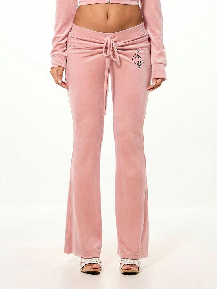 BABYPHAT 여성용 러치드 벨벳 드로스트링 플레어 스웨트팬츠 하트 프린트 디테일 편안한 라운지 팬츠 가을 겨울