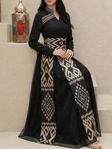 Al Najma Printed Women's Turkish Kaftan, Arabian Dress Dubai Arabian Dress Long Sleeve Long Dress Turkish Dress Black Arabian Dress For Women - Black - View 2