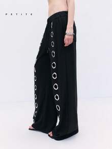 PETITE 2026 New Arrive Minimalism Spring/Summer Women's Black Y2K Casual Metal Eyelet Drawstring Waist Wide Leg Sweatpants Summer Spring Break Outfits Carnival Costumes Partywear For Going Out Outfits - Black - View 3