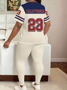 Maweii Plus Size Women's 2 Pieces Sets California 23 Graphic T-Shirt And Leggings Outfit,Beige Summer Gothic Gym Football Baseball Capri Pants Set - Multicolor - View 2