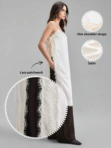 Ontre Áo hai dây maxi không tay ôm sát người, thiết kế phối ren, xẻ tà bên hông, chất liệu satin mềm mại, chống nhăn màu trắng ngà 2026SS dành cho nữ, phong cách công sở thanh lịch, tinh tế, kín đáo, trang phục sân bay/du thuyền cao cấp, dự tiệc cưới, phong cách tối giản sang trọng kiểu Trung Đông, áo hai dây bốn mùa đa năng, thời trang công sở hiện đại, phong cách cổ điển thanh lịch, thiết kế cao cấp cho ngày Valentine, sang trọng. - trắng - Xem 2