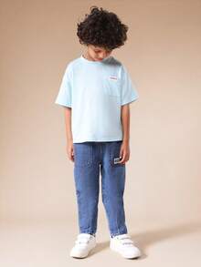 SUMWON Boys Relaxed Casual Denim Jeans With Patch Pockets Medium Wash Everyday Straight Leg Pants For Kids Vacation - Medium Wash - View 3
