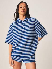 MISSGUIDED Striped Polo Shirt And Matching Shorts Co-Ord Set Two Piece Summer Casual Outfit With Button Front Detail - Multicolor - View 1