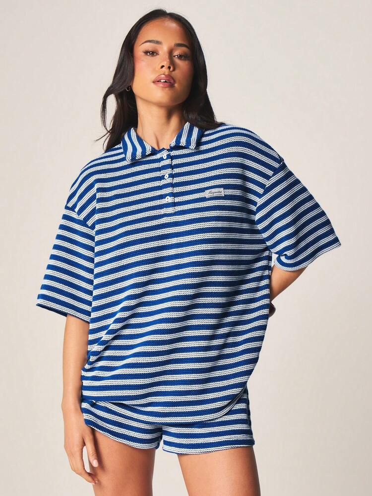 MISSGUIDED Conjunto de Camisa Polo Listrada e Shorts Combinando, Conjunto de Verão Casual de Duas Peças com Detalhe de Botão na Frente