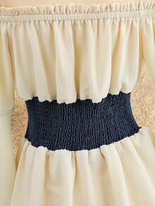 Sweetra Women's Off-Shoulder Contrast Color Waist Flare Sleeve Denim Blouse Off The Shoulder Top Off The Shoulder Shirts Corset Top Peplum Top Bell Sleeve Top - Multicolor - View 9
