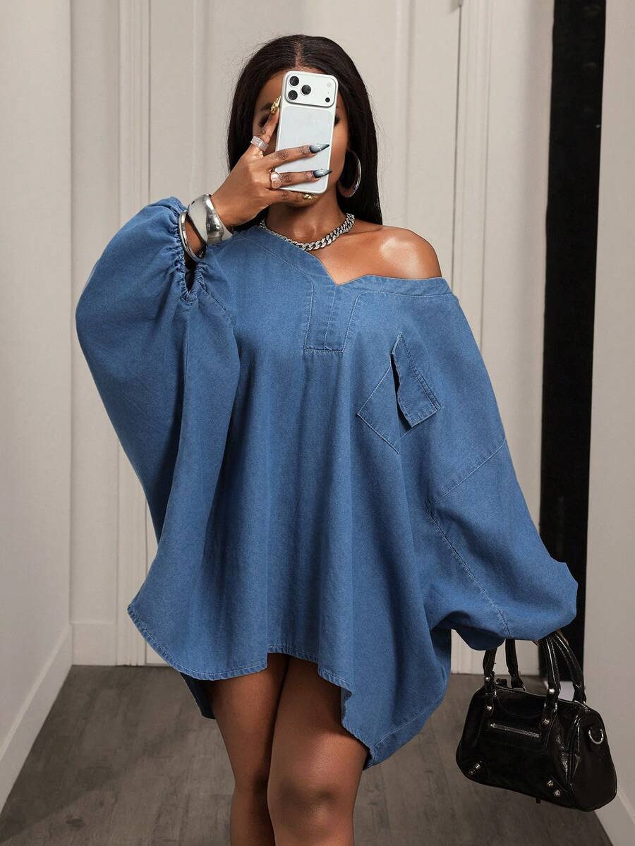 BamGleam Áo denim nữ màu trơn, tay dài, vai lệch, dáng rộng, thường ngày - Rửa nhẹ - Xem 1