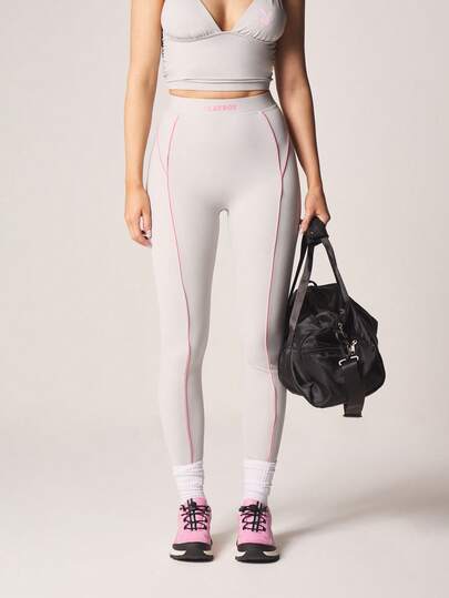 Missguided x Playboy 高腰运动紧身裤，粉色滚边细节，全长设计，适合训练和运动。