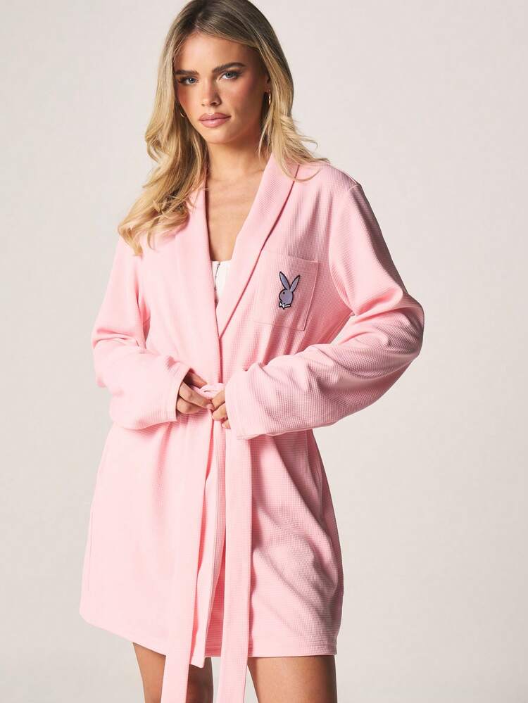 Missguided x Playboy Women's Light Pink Waffle Knit Robe With Bunny Logo Long Sleeve Dressing Gown Tie Belt Closure Cozy Loungewear