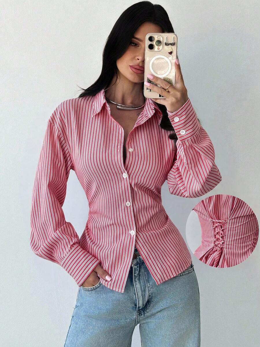 Firerie 女士蓝白条纹长袖衬衫，系带腰身，休闲通勤衬衫，度假衬衫，收腰条纹衬衫，适合春、夏、秋、冬四季穿着，优雅，度假风，波西米亚风，工作装 - 紅色 - 查看 1