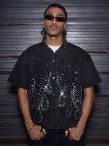 AXEPEAK Men's Washed Short Sleeve Shirt With Rhinestone Embellishment - Black - View 3