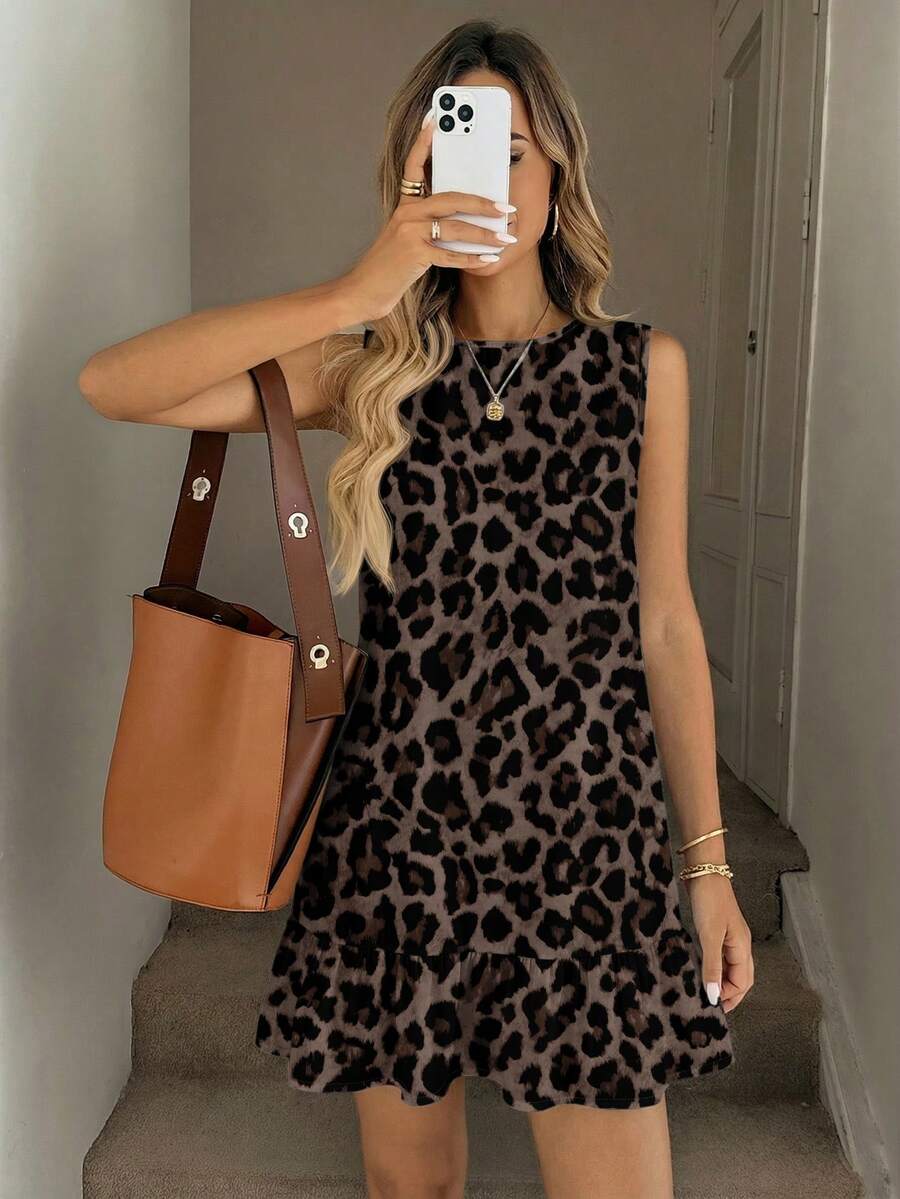 Easowa 女士复古优雅波西米亚豹纹迷你连衣裙，适合春夏、郊游、海滩、度假、婚礼、派对、音乐节、嘉年华等场合，时尚别致。 - 彩色 - 查看 1
