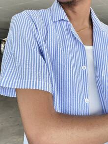 Ngobest Haus Ngobest Haus Men's Fashion Bubble Stripe Breathable Contrast Color Button Top & Slant Pocket Drawstring Casual/Business Shorts Set, Summer, Cozy Outfits - Blue - View 3