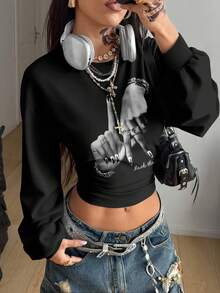Coolane 休闲简约摇滚朋克复古时尚手势印花图案女式卫衣，Y2K风格，适合外出、街头、机场、音乐节、健身等场合穿着。 - 彩色 - 查看 5