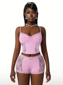 Amplova 2pcs/Set Women Lace Patchwork Bow Tie Crop Top And Shorts Mini Set With Lace Cups,Soft Pink,Summer,Girly,Night Out Mesh Avant-Garde 2 Pieces Set - Pink - View 13