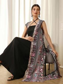 Al Najma Women's Summer Beach Vacation Patchwork Print Sleeveless Long Jacket And Criss-Cross Halter Dress Set - Black - View 5