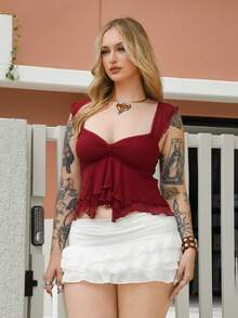 Arliah Women Ruched Front Slim-Fit Sexy Mesh Patchwork Tie Back Short Sleeveless Cami Top, Casual Vacation Top Ruffle Top - Burgundy - View 3