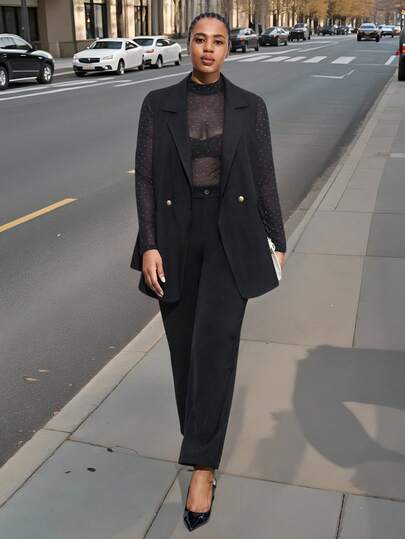 Maija 大码女式纯色无袖前襟纽扣简约休闲西装外套，都市通勤必备，简约时尚商务休闲风，适合办公室穿着，亦可搭配圣诞节、万圣节、墨西哥风情或非洲浪漫服饰，时尚百搭；舒适、时尚、优雅、休闲，简约日常穿着，秋冬季必备黑色上衣