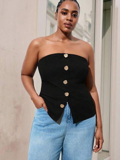 Maija 大码金属纽扣前开衩下摆露肩短款上衣，黑色