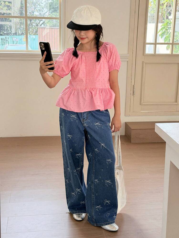 Tween Girls' Pocketed Button Bow Print Casual Versatile Daily Wear Wide Leg Jeans