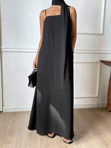 DAZY Vestido suelto de línea A con tirantes de unicolor y cinturón, vestido casual elegante para primavera y verano - Negro - Ver 1