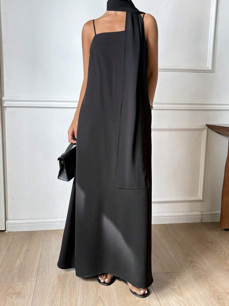 Women's Solid Color Loose A-Line Spaghetti Strap Dress With Belt, Elegant Casual Dress For Spring And Summer Sundress