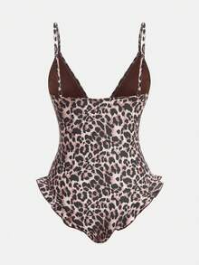 Maija Women's Spaghetti Strap Sleeveless Ruffled Leopard Print Fitted Hollow One-Piece Swimsuit - Brown - View 7