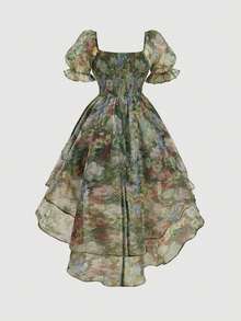 SHEIN MOD 大码甜心领前短后长优雅短袖连衣裙 - 彩色 - 查看 2