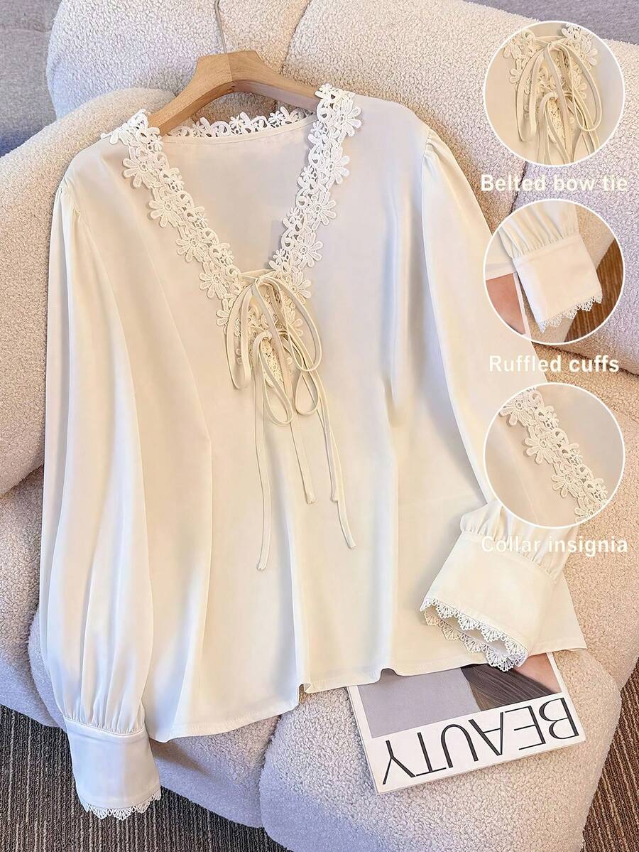 GlowEve CURVE Plus Size Women's White Elegant Autumn Party Embroidered Ruffle V-Neck Bow Tie,Lace Trim Cuff Long Sleeve Blouse,Suitable For Commuting Cream Blouses - Apricot - View 1