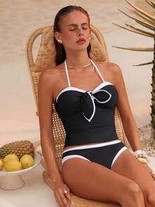 Swim Chiccia Swim Chic Sea Plain Swimwear For Women, Bow Accent Contrast Color With Detachable Halter Strap - Black and White - View 8