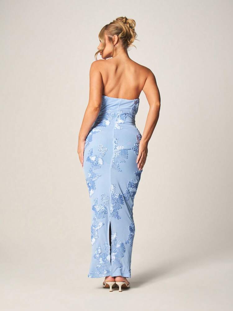 MISSGUIDED Strapless Light Blue Floral Embroidered Maxi Dress Bodycon Wedding Guest Evening Formal Occasion Party Summer